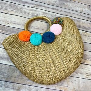 Straw Bag with Pom Poms Tote Bag Handle Summer Beach Rattan Medium
